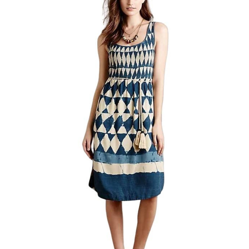 Anthropologie Maeve Castalia Smocked Midi Dress in Geometric Indigo Print